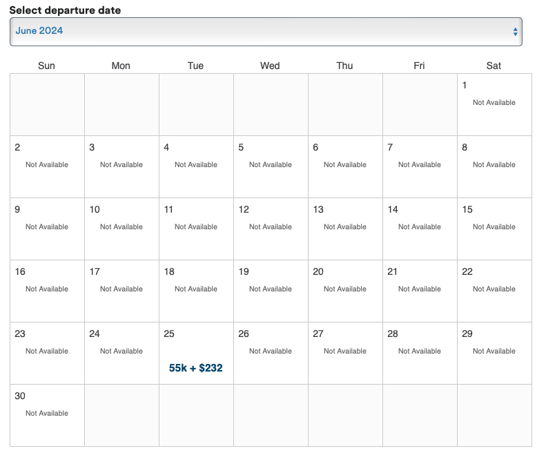 Award Calendar Search Feature on Alaska Airlines Website